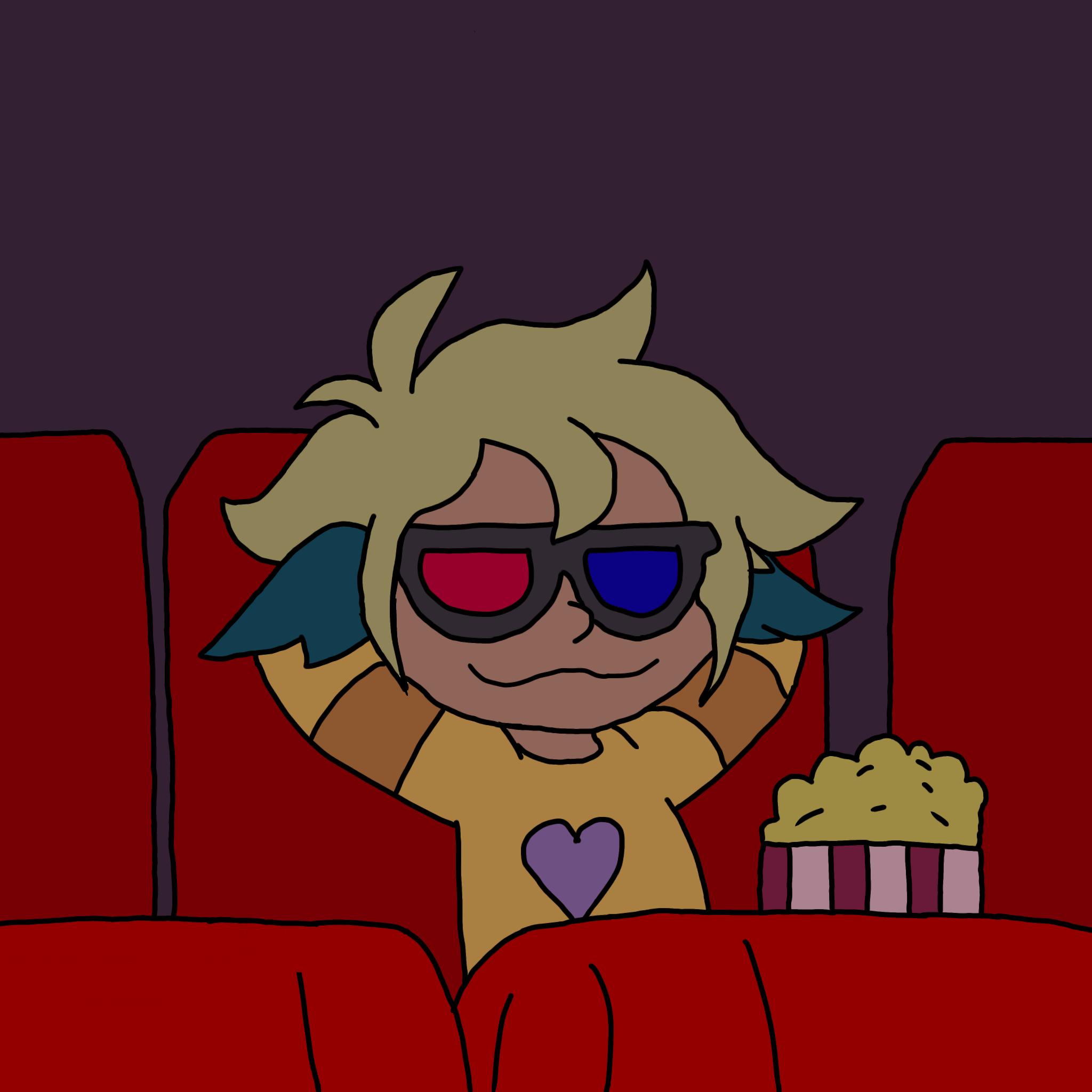 Vee, a character from the show The Owl House, sits in a movie theater. She's wearing an orange-yellow sweater with a purple heart in the middle and the sleeves being a darker shade of orange. She's wearing 3D movie glasses and has popcorn next to her. Her arms are resting behind her head.